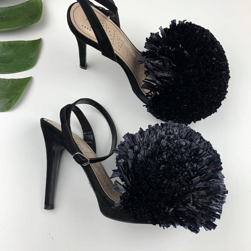 Freelance Heels Sandals Black Suede Raffia Pom Pom Ankle Strap Women's 36